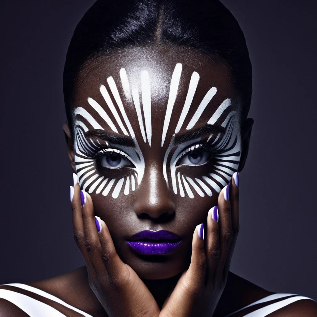 High Resolution, High Quality , Masterpiece . monochrome photography, ebony beauty model face and hands illuminated in a stark contrast to the enveloping darkness, geometric facial art influenced by Willi Baumeister, intricate white luminous paint patterns across the visage, hands featuring white luminous fashion manicure, purple lips adding a pop of color, Dark low key. Background dark dusk. white stripes creating an alluring play of shadows, reference to Erwin Blumenfeld's style, anatomical precision, winner of Among All About Photo Awards,