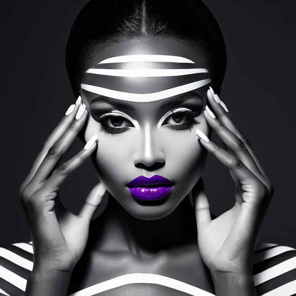 High Resolution, High Quality , Masterpiece . monochrome photography, ebony beauty model face and hands illuminated in a stark contrast to the enveloping darkness, geometric facial art influenced by Willi Baumeister, intricate white luminous paint patterns across the visage, hands featuring white luminous fashion manicure, purple lips adding a pop of color, Dark low key. Background dark dusk. white stripes creating an alluring play of shadows, reference to Erwin Blumenfeld's style, anatomical precision, winner of Among All About Photo Awards,