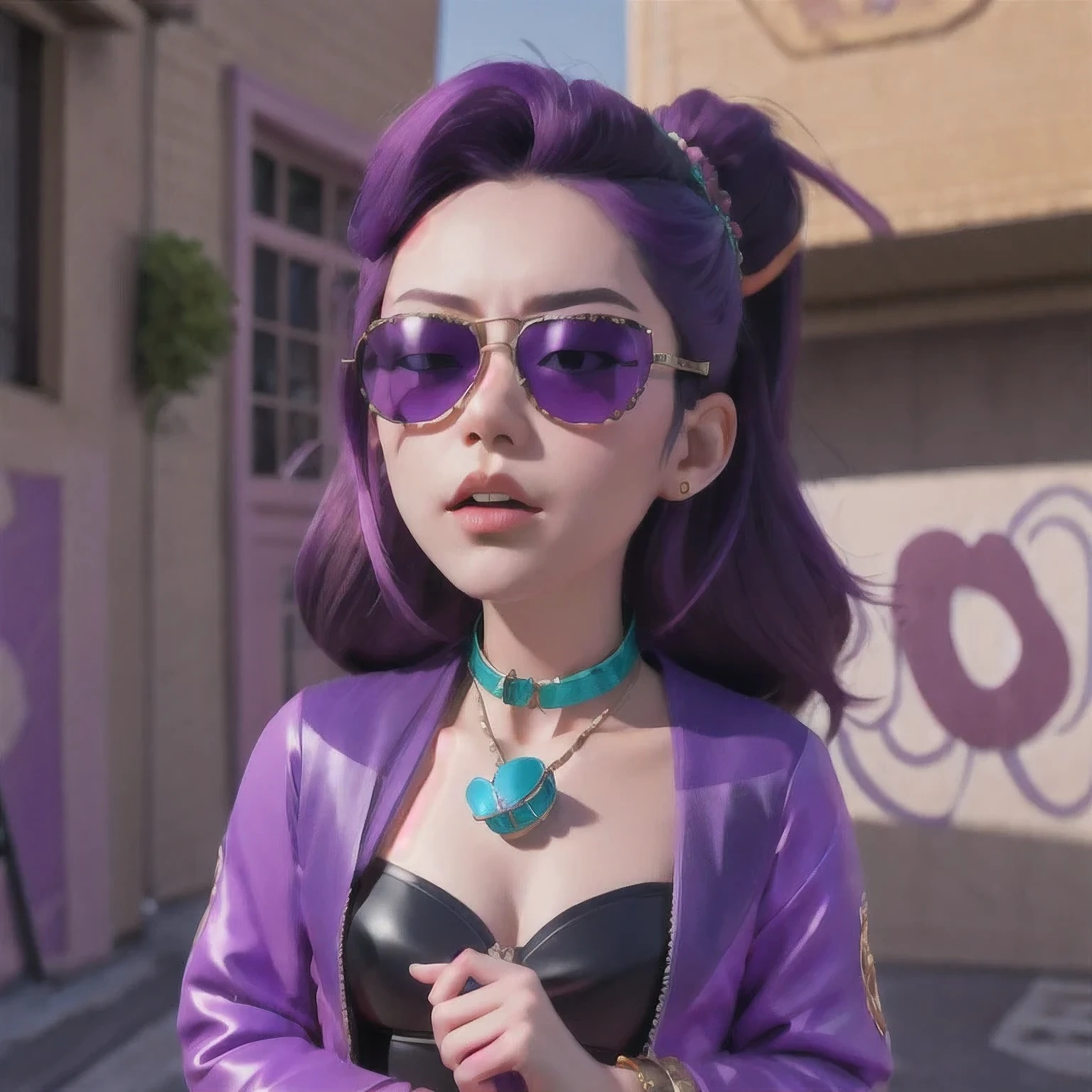 🌺 wearing a purple outfit and sunglasses with a purple choke, trending on cgstation, artwork in the style of guweiz, inspired by Yanjun Cheng, guweiz, deviantart artstation cgscosiety, 🌺 cgsociety, 3 d render character art 8 k, g 🌺 art style, inspired by Feng 🌺,sunglasses,（（Imperial Green Emerald Desert Windproof Sunglasses））With eyes closed