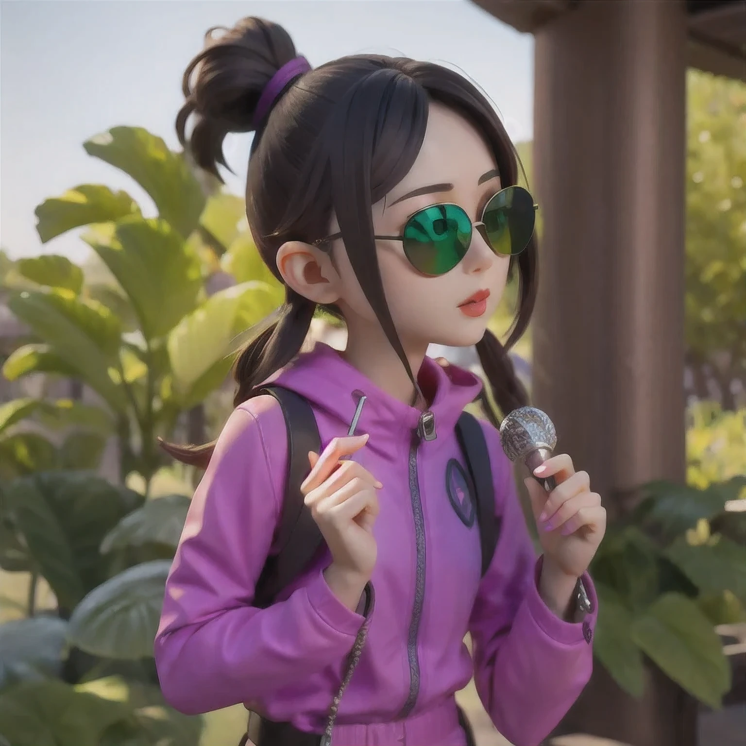 （（（1 girl）））araffe wearing a purple outfit and sunglasses with a purple choke, trending on cgstation, artwork in the style of guweiz, inspired by Yanjun Cheng, guweiz, deviantart artstation cgscosiety, 🌺 cgsociety, 3 d render character art 8 k, g liulian art style, inspired by Feng Zhu，（（Imperial Green Emerald Desert Windproof Sunglasses））