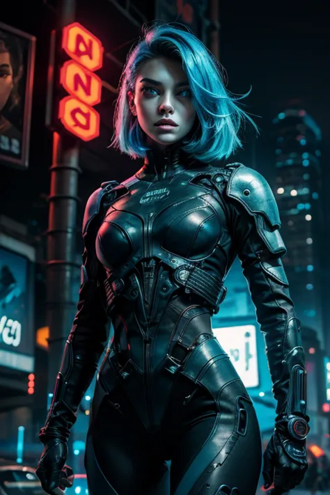 A stunning woman in a post-apocalyptic cyberpunk setting. Your fair skin glows under the neon light, Blue cybernetic eyes stand ...