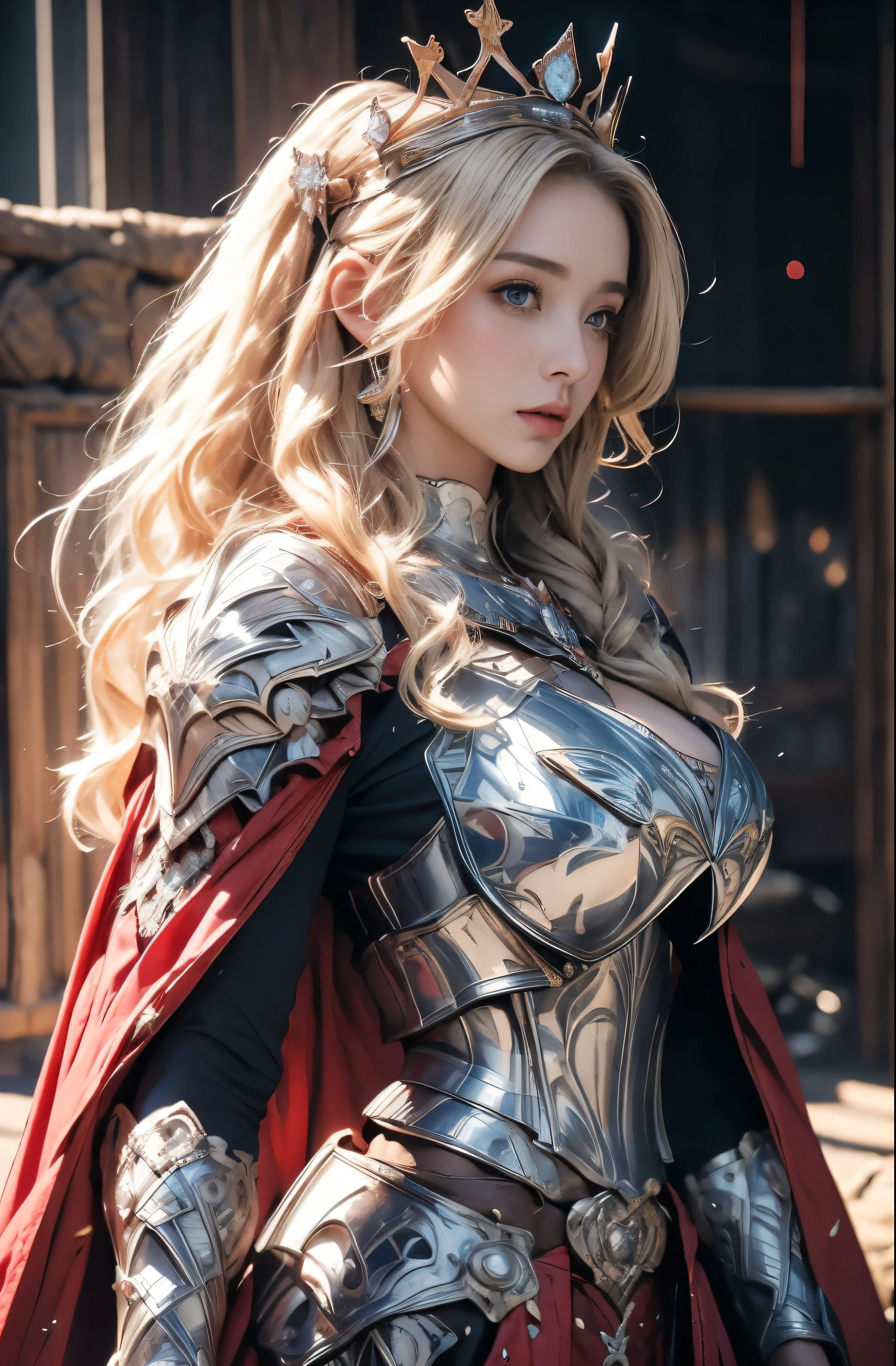 Elegant armor,princess, Full body, wearing a hijab , crown luxury , blue eye, blond hair, around 17 years old, (red silver hijab), tmasterpiece，Best quality at best，A high resolution，8K，((Portrait))，(upper body)，Original photo，real photograph，digital photography, (Medieval angel princess in fantasy style), elegant princess ，blue eye， super colossal brest, pointy colossal breast extravagant ornament，cparted lips，Keep your mouth shuegant and charming，((Blushing))，virgin content，Calm and handsome，(Medieval fantasy armor, The Beautiful super huge pointy breast, small waist, perfect colossal breast of princess body, a blue delicate pattern，red Cloak)，(anhelic princess character medieval fantasy style，oc render reflection texture, elegant style,  sexy colossal breast , medieval castle background, slim body, very small waist, (luxury armor pattern) , super slim ,beautiful like angel 