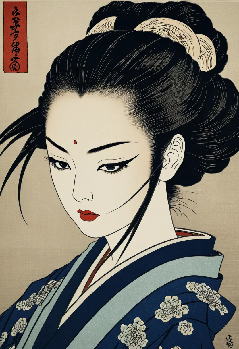 (Ukiyo-e:1.9)、gravure sur bois、Sharaku、Portrait rapproché d'un chanteur de heavy metal portant du maquillage pour les yeux、Visage détaillé、Éclairage dramatique、ambiance maussade、art japonais traditionnel、Haute qualité、Réaliste