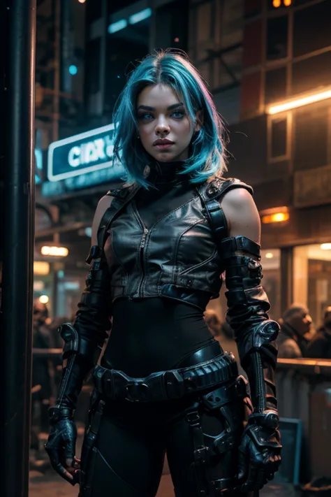 a stunning woman in a post-apocalyptic cyberpunk setting. your fair skin glows under the neon light, blue cybernetic eyes stand ...