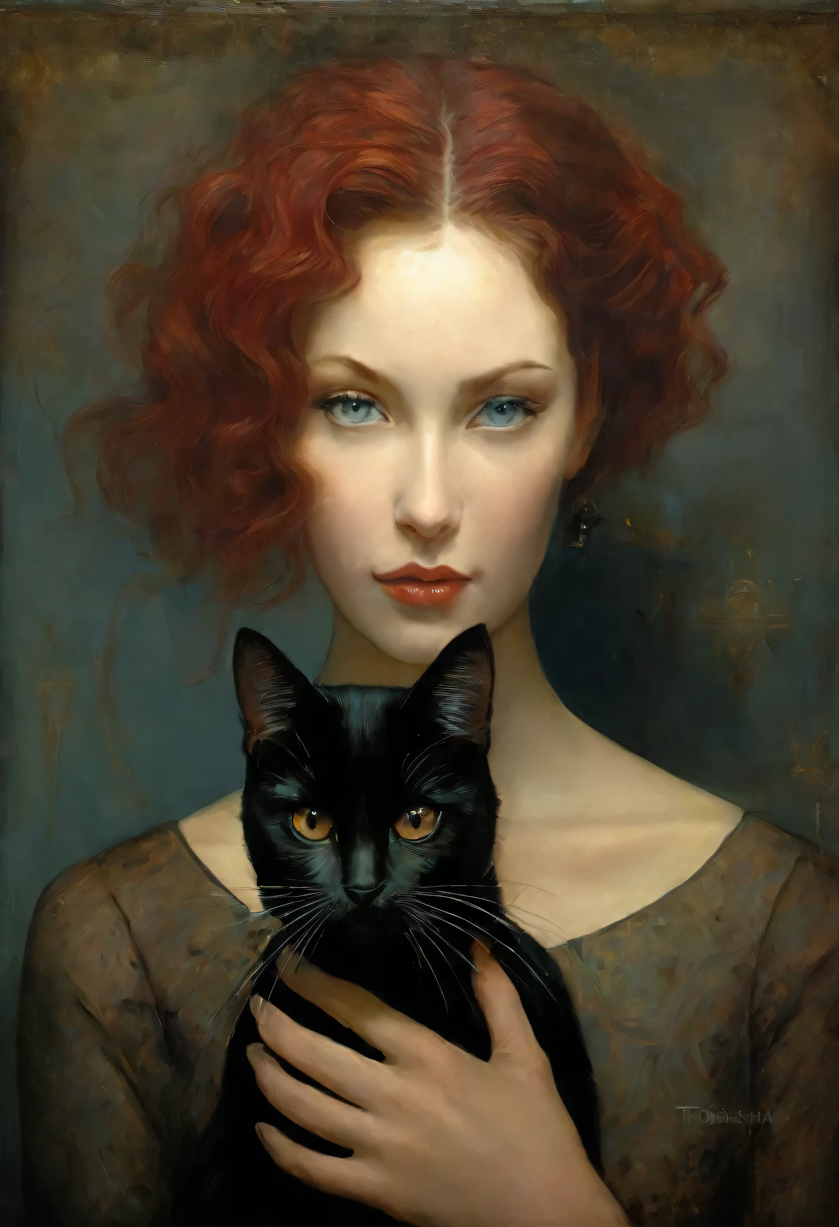 pintura de uma mulher segurando um gato preto nos braços, Retrato de Tom Bagshaw, Arte Tom Bagshaw, tom bagshaw donato giancola, estilo artístico tom bagshaw, estilo artístico de tom bagshaw, Tom Bagshaw. pintura a óleo, estilo tom bagshaw, Tom Bagshaw ) ) ), Direção: Tom Bagshaw e Boris Vallejo, Direção: Tom Bagshaw