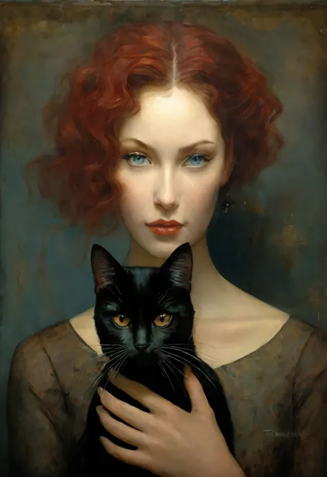 painting of a woman holding a black cat in her arms, Tom Bagshaw portrait, art Tom Bagshaw, Tom Bagshaw donato giancola, artstyl...