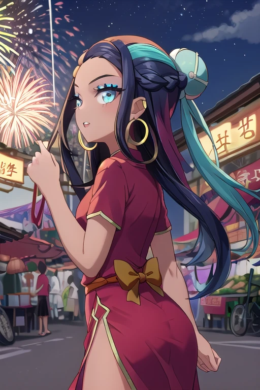 (masterpiece, best quality), 1girl, nessarnd, nessaholiday, dark skin, makeup, single hair bun, sarong,  short sleeves, Blue Chinese dress, side slit, hoop earrings, street's of a Chinese market place, night time, fireworks
