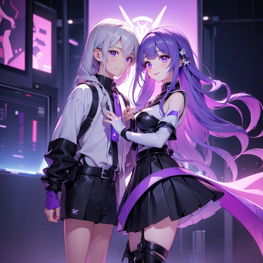 ちび男女のCouple、cute、3D Figure、（Masterpiece、highest quality、Official Art、The best composition、CG、16K、Super detailed、Detailed eyes、Golden Ratio）、Couple（1boy,1girl)、girl（Her hair is a milky white and purple gradient.、Double braid、Black and white diamond-shaped hair ornaments on both sides、purple eyes, long hair, twin braids, purple hair, multicolored hair, elbow gloves, bangs, very long hair,bare shoulders, black skirt, dress, smile, side cutout,covered navel, side cutout,cryptic girl）、boy（Her hair is a short, black and white gradient.、cyberpunk school uniform）、hologram、Disorganized、c0upl3