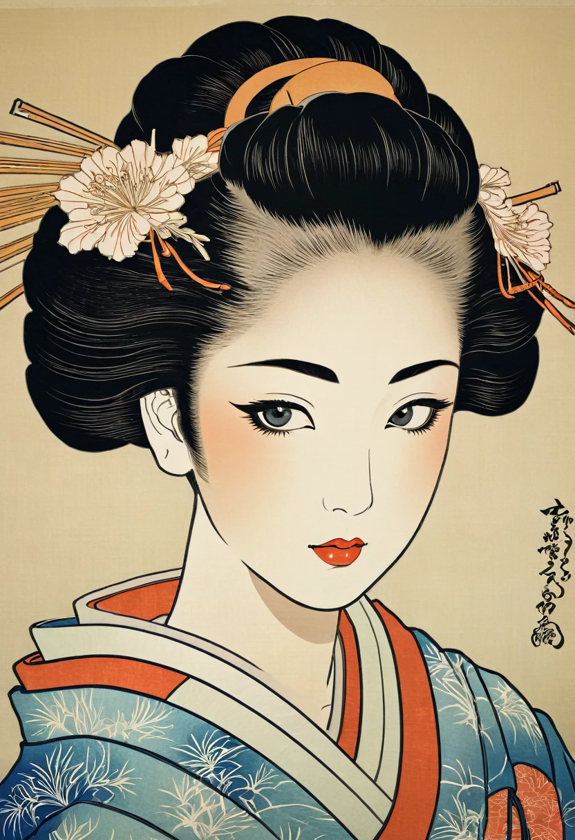 (ukiyo-e:1.9)、Holzschnitt、Sharaku、Eine wunderschöne junge Frau, die zum ersten Mal einen traditionellen japanischen Kimono trägt、Aufwendige Kimonomuster、zarte Gesichtszüge、Elegante Frisur、schöne Augen und Lippen、Ruhiger Ausdruck、natürliche Beleuchtung、Hohe Auflösung、Detailbild、Helle Farben、realistisch、Meisterwerk