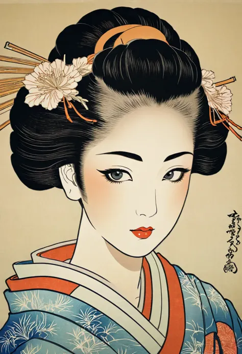 (Ukiyo-e:1.9)、woodblock print、Sharaku、A beautiful young woman wearing a traditional Japanese kimono for the first time、Intricate...