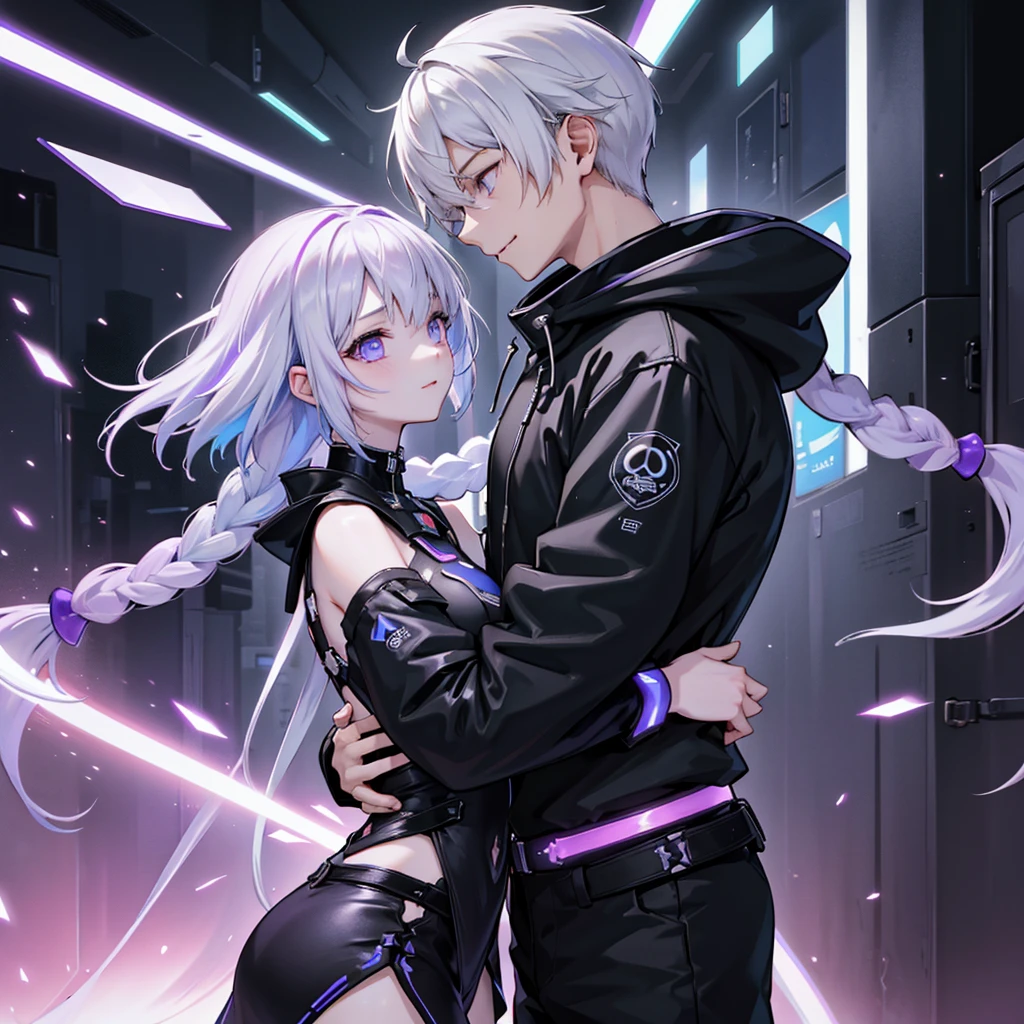 highest quality、最高masterpiece、Official Art、Award-winning works、The best composition、Well-balanced fluorescent colors、Neon Line、Confused、Male and female couple、highest quality、masterpiece、Official Art、16k、The best configuration、The best light source、The girl has milky white hair with purple inner hair., twin long braids, Cyberpunk style black clothing.、The man has milky white short hair.、It has a white and light blue cyberpunk look.。.、They gaze lovingly at each other.、A kind smile、Reunion after a long time、departure、