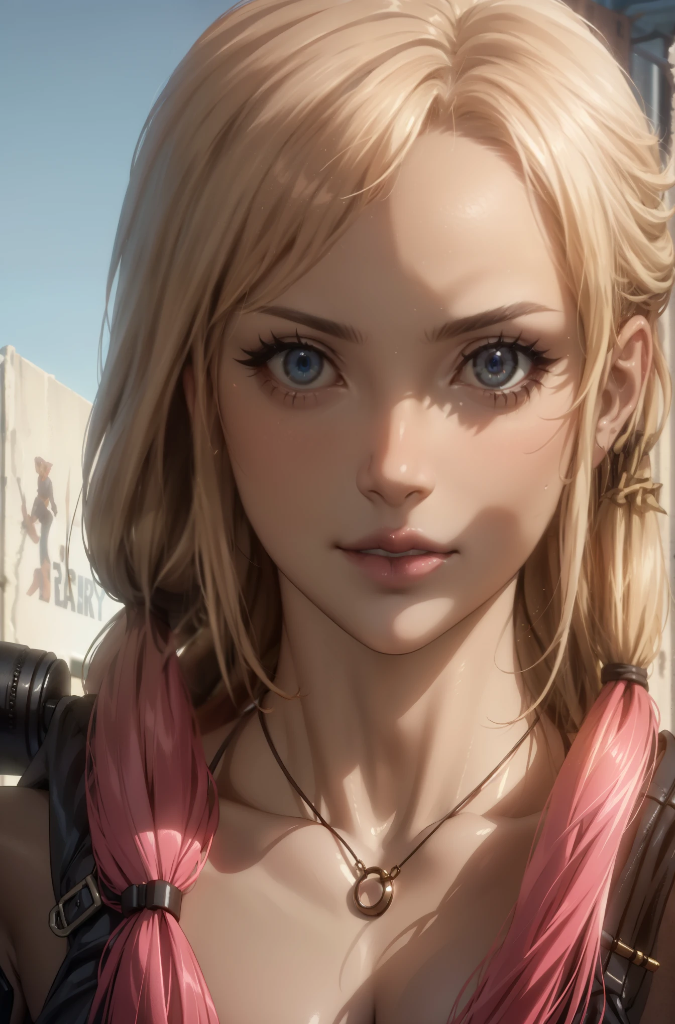 ((extreme close-up of face: 1.5)), ((Best Quality)), ((Masterpiece)), (hyper detailed:1.3),8k, 3D,HD, beautiful (cyberpunk:1.3) ((Woman with wavy and voluminous hair in modern style:1.5)).,((with weapons in hands)), (( (futuristic mad max movie style backdrop)))