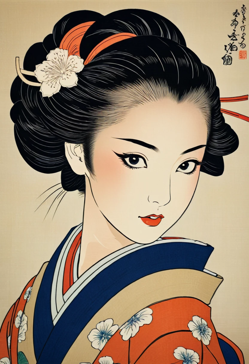 (Ukiyo-e:1.9)、woodblock print、Sharaku、A beautiful young woman wearing a traditional Japanese kimono for the first time、Intricate kimono patterns、Delicate facial features、Elegant hairstyle、Fine eyes and lips、Calm expression、Close-up portrait of face、Natural lighting、High resolution、Detailed picture、Bright colors、Realistic、masterpiece