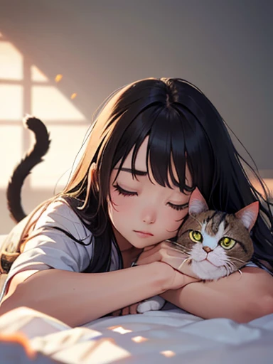 masterpiece, 最high quality, (((Girl lying face down)))、((Cat lying on head))、, Beautiful fine details, Beautiful detailed cat,, Very fine fur, Soft and fluffy, Adorable, Playful, Curious look, Long Hair Girl, Girl looking up at cat, Intricate details, high quality, 8k, Realistic, masterpiece, Natural light, Warm tones