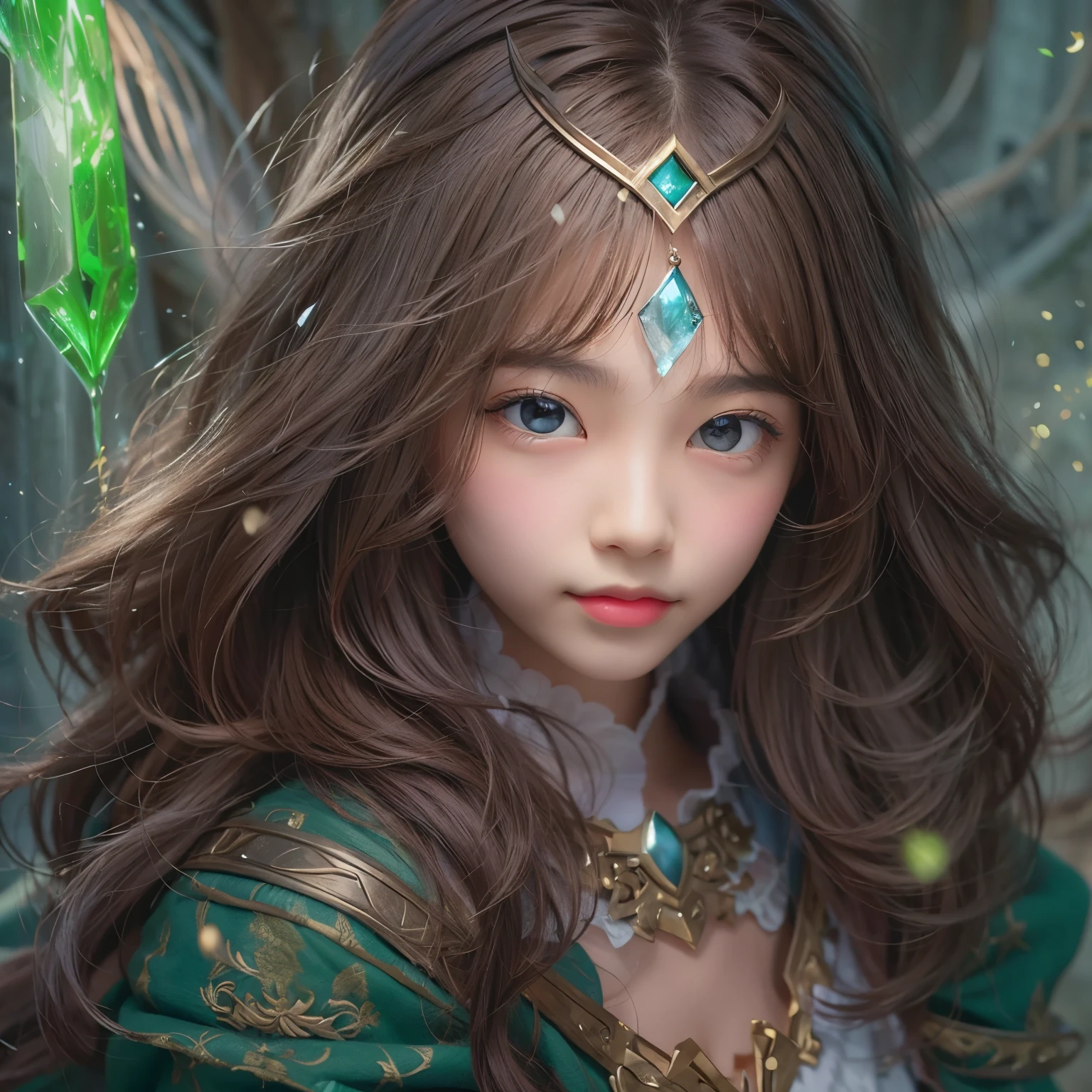 detailed face, cute face, A powerful spell that creates a magical protective barrier., A woman who uses green magic to summon a magical shield is perfect for a fantasy world..