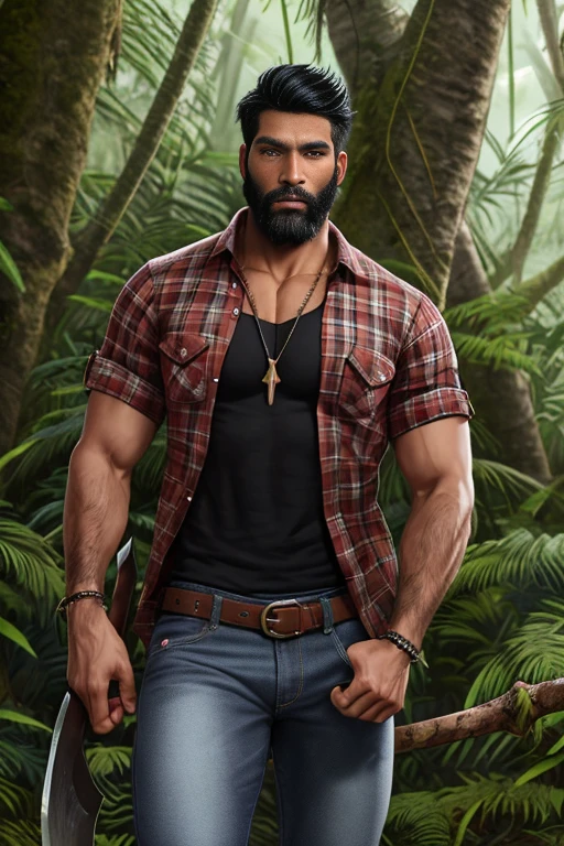 Картина в стиле fuhrerdoodles, изображающая сурового лесоруба в открытой клетчатой рубашке и джинсах с топором в одной руке, стоящего в джунглях, Красивые глаза, черная борода, черные волосы, подробный , сексуальная поза