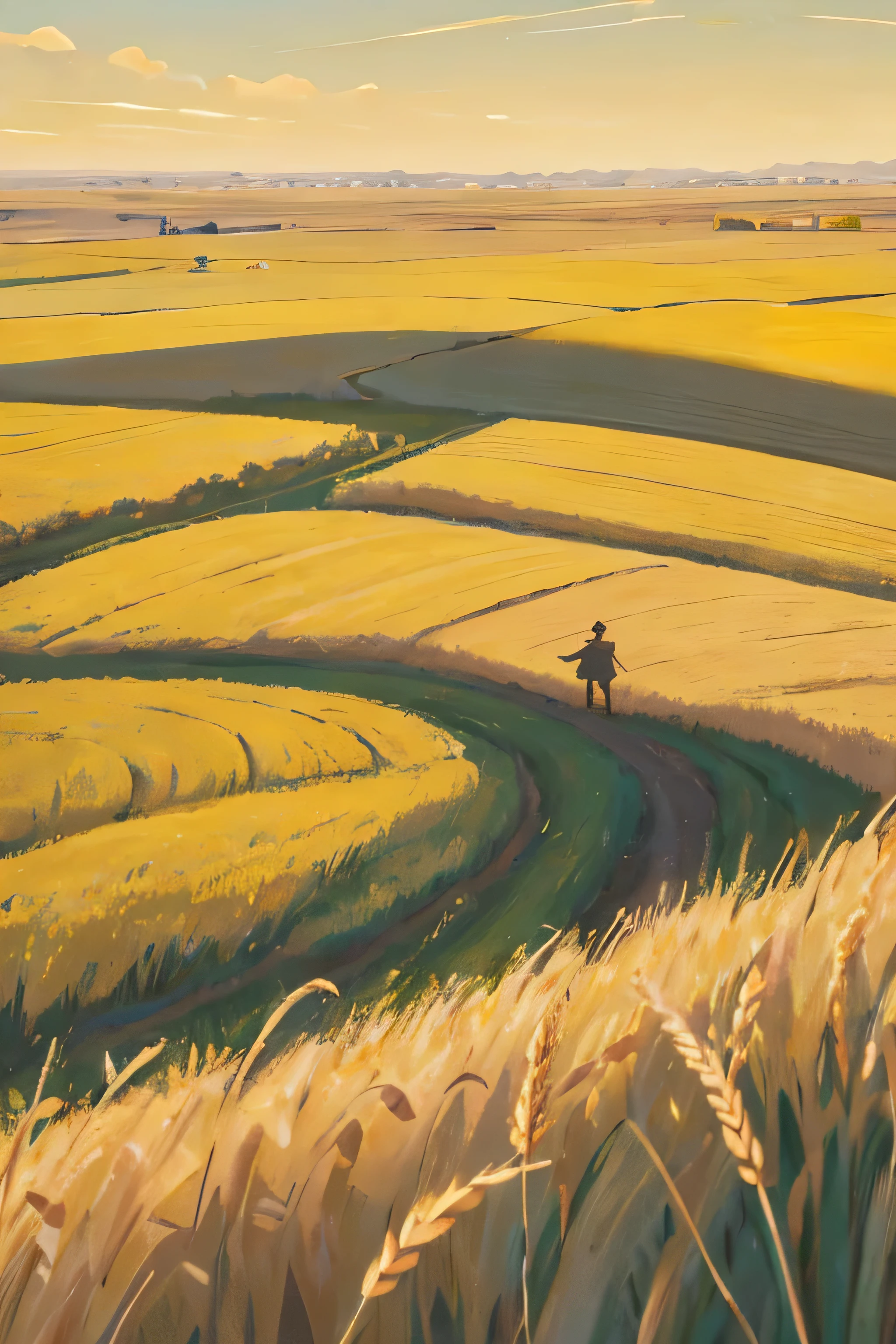 draw a background for the Grain in Ear poster，arial view，yellow wheats on farmfield，a scarecrow，some birds flying in the sky