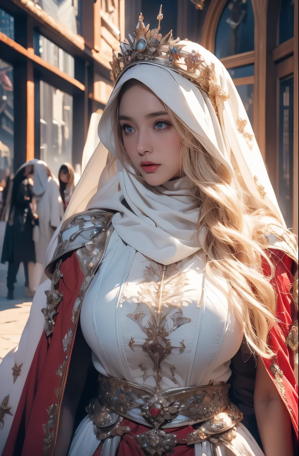 Elegant armor,princess, Full body, wearing a hijab , crown luxury , blue eye, blond hair, around 17 years old, (red silver hijab), tmasterpiece，Best quality at best，A high resolution，8K，((Portrait))，(upper body)，Original photo，real photograph，digital photography, (Medieval angel princess in fantasy style), sexy princess ，blue eye， super colossal brest, pointy colossal breast extravagant ornament，cparted lips，Keep your mouth shuegant and charming，((Blushing))，virgin content，Calm and handsome，(Medieval fantasy armor, The Beautiful super huge pointy breast, small waist, perfect colossal breast of princess body, a blue delicate pattern，red Cloak)，(anhelic princess character medieval fantasy style，oc render reflection texture, sexy style,  sexy colossal breast , medieval castle background, slim body, very small waist, (luxury armor pattern) , super slim , sexy style, angel 4 wings