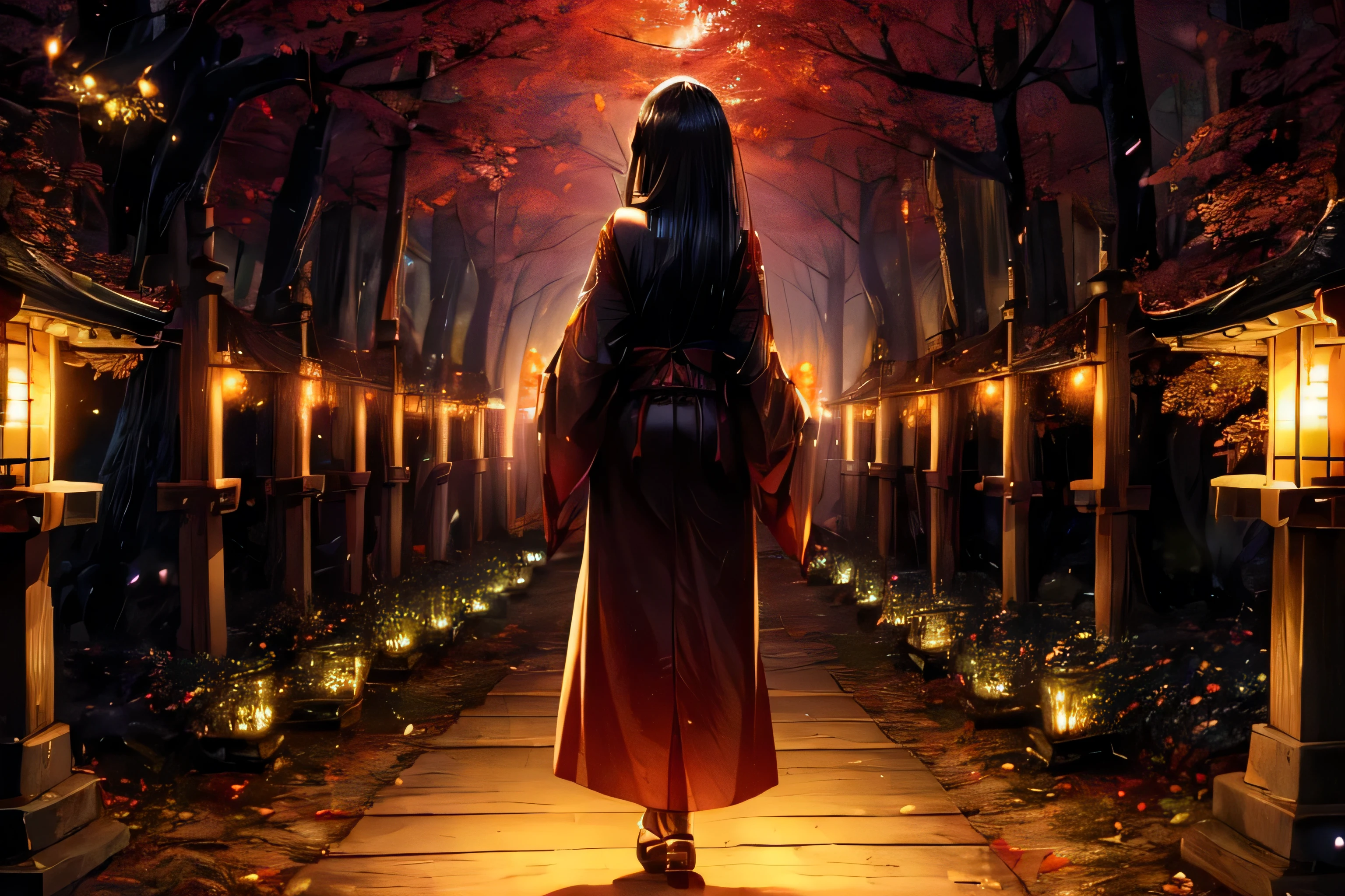 (((Best quality))), (((Ultra detailed))), ((((vivid)))), (Japanese shrine, fantasy, dark), forest, lantern, flowers, night, beautiful detailed sky, ((fireflies, particles)), 1 girl, holding candle lantern, walking up stone steps, wearing red japanese traditional clothing, long black hair, bend forward, landscape, full body, looking back