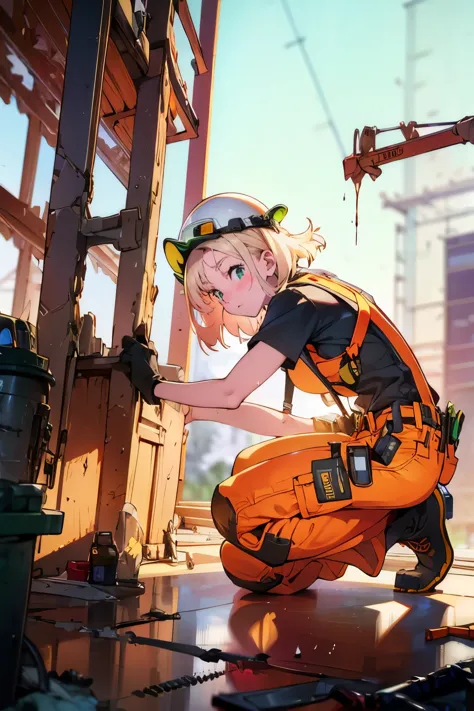 Masterpiece, high quality, highly detailed backgrond, A young female carpenter working on a busy construction site, Blonde hair,...