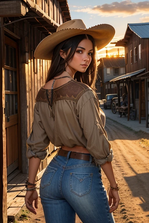 Uma linda mulher em estilo country, destacando-se em uma cidade faroeste. Sua pele bronzeada brilha sob o sol poente, olhos verdes radiantes, e cabelos castanhos ondulados caem suavemente sobre seus ombros. Ela usa um chapéu de cowboy marrom, uma camisa xadrez vermelha ajustada, jeans desbotados e botas de couro intricadamente bordadas.
Ela está em uma rua de terra cercada por prédios de madeira típicos do oeste. O salão local tem portas de vaivém e uma varanda onde cowboys conversam. A barbearia exibe uma placa giratória, e a ferraria ao lado está ativa com o som de marteladas. Cavalos amarrados em postes de madeira e uma carroça de feno passando completam a cena.. A luz dourada do pôr do sol alonga as sombras e banha a cidade com um brilho quente, capturando a essência vibrante do Velho Oeste.