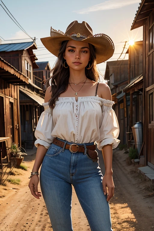 Uma linda mulher em estilo country, destacando-se em uma cidade faroeste. Sua pele bronzeada brilha sob o sol poente, olhos verdes radiantes, e cabelos castanhos ondulados caem suavemente sobre seus ombros. Ela usa um chapéu de cowboy marrom, uma camisa xadrez vermelha ajustada, jeans desbotados e botas de couro intricadamente bordadas.
Ela está em uma rua de terra cercada por prédios de madeira típicos do oeste. O salão local tem portas de vaivém e uma varanda onde cowboys conversam. A barbearia exibe uma placa giratória, e a ferraria ao lado está ativa com o som de marteladas. Cavalos amarrados em postes de madeira e uma carroça de feno passando completam a cena.. A luz dourada do pôr do sol alonga as sombras e banha a cidade com um brilho quente, capturando a essência vibrante do Velho Oeste.