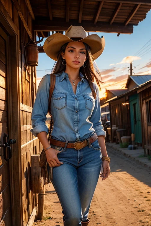 Uma linda mulher em estilo country, (camisa xadrez justa), destacando-se em uma cidade faroeste. Sua pele bronzeada brilha sob o sol poente, olhos verdes radiantes, e cabelos castanhos ondulados caem suavemente sobre seus ombros. She wears a brown cowboy hat, uma camisa xadrez vermelha ajustada, jeans desbotados e botas de couro intricadamente bordadas.
She is on a dirt street surrounded by wooden buildings typical of the western. The local saloon has swinging doors and a porch where cowboys chat. The barbershop displays a rotating sign, and the blacksmith shop next door is active with the sound of hammering. Horses tied to wooden posts and a hay cart passing by complete the scene.. The golden light of the sunset lengthens the shadows and bathes the city in a warm glow, capturing the vibrant essence of the old west.