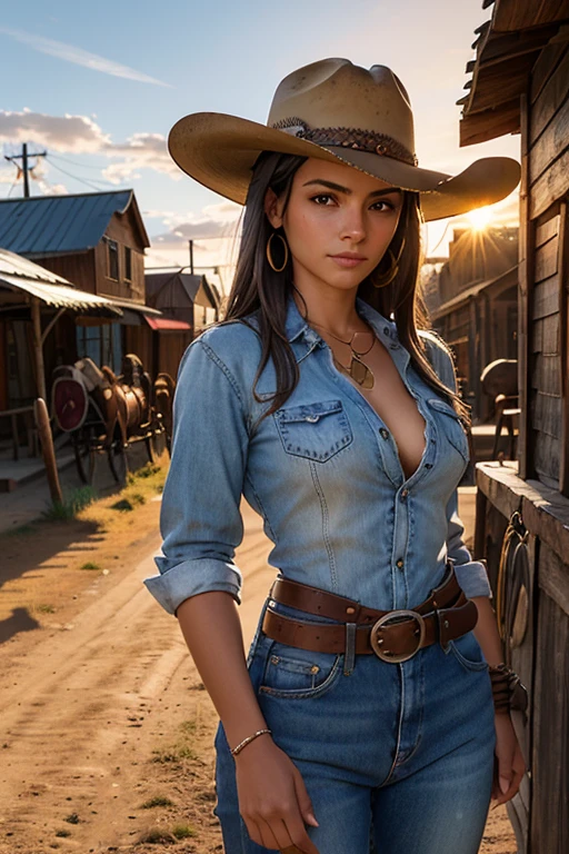 Uma linda mulher em estilo country, (camisa xadrez justa), destacando-se em uma cidade faroeste. Sua pele bronzeada brilha sob o sol poente, olhos verdes radiantes, e cabelos castanhos ondulados caem suavemente sobre seus ombros. She wears a brown cowboy hat, uma camisa xadrez vermelha ajustada, jeans desbotados e botas de couro intricadamente bordadas.
She is on a dirt street surrounded by wooden buildings typical of the western. The local saloon has swinging doors and a porch where cowboys chat. The barbershop displays a rotating sign, and the blacksmith shop next door is active with the sound of hammering. Horses tied to wooden posts and a hay cart passing by complete the scene.. The golden light of the sunset lengthens the shadows and bathes the city in a warm glow, capturing the vibrant essence of the old west.