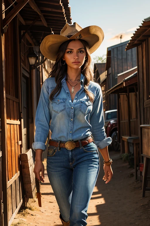 Uma linda mulher em estilo country, (camisa xadrez justa), destacando-se em uma cidade faroeste. Sua pele bronzeada brilha sob o sol poente, olhos verdes radiantes, e cabelos castanhos ondulados caem suavemente sobre seus ombros. She wears a brown cowboy hat, uma camisa xadrez vermelha ajustada, jeans desbotados e botas de couro intricadamente bordadas.
She is on a dirt street surrounded by wooden buildings typical of the western. The local saloon has swinging doors and a porch where cowboys chat. The barbershop displays a rotating sign, and the blacksmith shop next door is active with the sound of hammering. Horses tied to wooden posts and a hay cart passing by complete the scene.. The golden light of the sunset lengthens the shadows and bathes the city in a warm glow, capturing the vibrant essence of the old west.