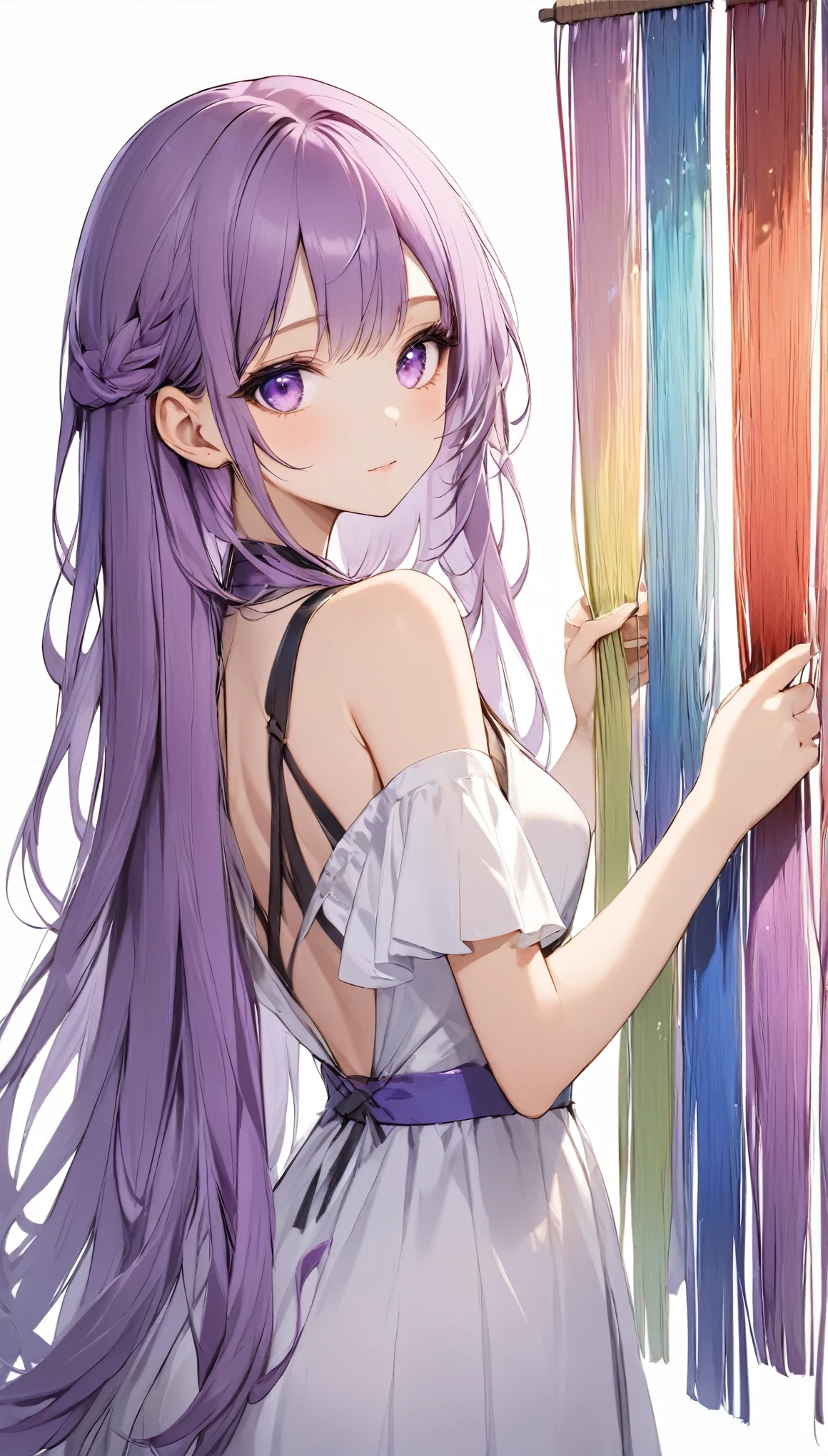 loves,lookin at viewer,Purple Eyes,simple back round,white back round， 1Girl,Bare shoulders,Weaving,elbow  loves, lonG hair,Purple Eyes,Solitary, twin Weavings,very lonG hair