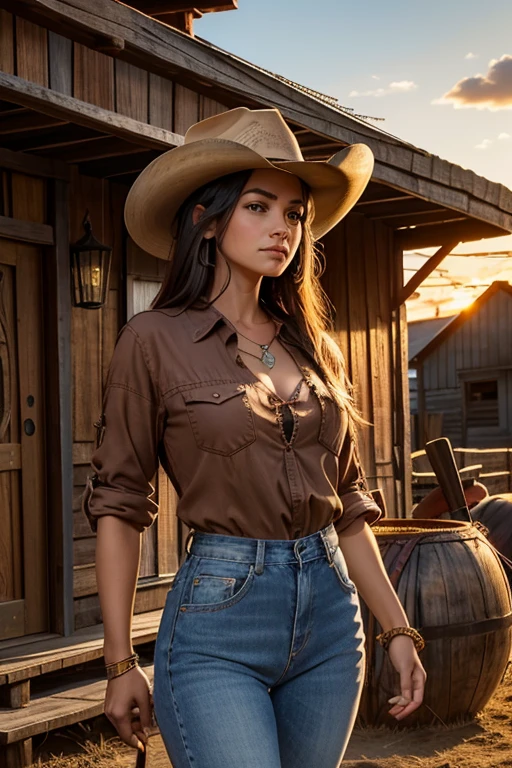 Uma linda mulher em estilo country, (camisa xadrez red justa), destacando-se em uma cidade faroeste. Sua pele bronzeada brilha sob o sol poente, olhos verdes radiantes, e cabelos castanhos ondulados caem suavemente sobre seus ombros. Ela usa um chapéu de cowboy marrom, uma camisa xadrez vermelha ajustada, jeans desbotados e botas de couro intricadamente bordadas.
Ela está em uma rua de terra cercada por prédios de madeira típicos do oeste. O salão local tem portas de vaivém e uma varanda onde cowboys conversam. A barbearia exibe uma placa giratória, e a ferraria ao lado está ativa com o som de marteladas. Cavalos amarrados em postes de madeira e uma carroça de feno passando completam a cena.. A luz dourada do pôr do sol alonga as sombras e banha a cidade com um brilho quente, capturando a essência vibrante do Velho Oeste.