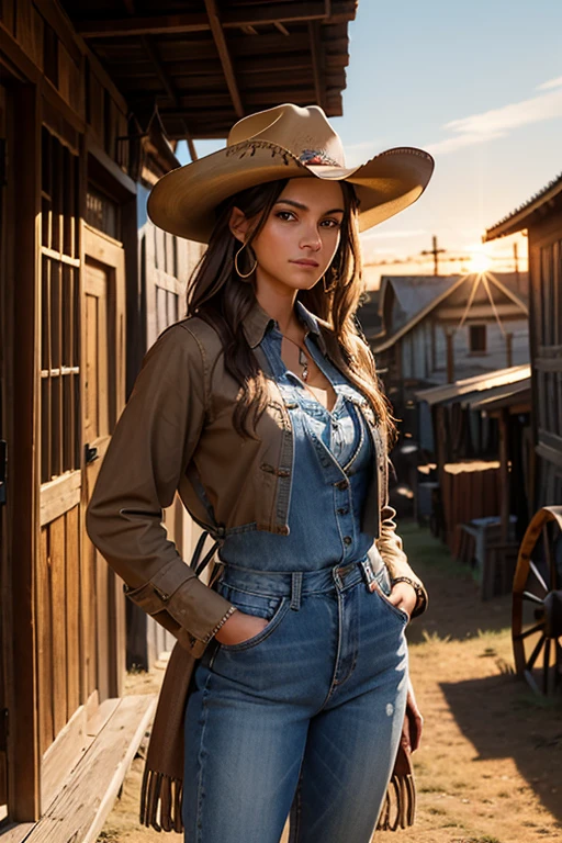 Uma linda mulher em estilo country, (camisa xadrez red justa), destacando-se em uma cidade faroeste. Sua pele bronzeada brilha sob o sol poente, olhos verdes radiantes, e cabelos castanhos ondulados caem suavemente sobre seus ombros. Ela usa um chapéu de cowboy marrom, uma camisa xadrez vermelha ajustada, jeans desbotados e botas de couro intricadamente bordadas.
Ela está em uma rua de terra cercada por prédios de madeira típicos do oeste. O salão local tem portas de vaivém e uma varanda onde cowboys conversam. A barbearia exibe uma placa giratória, e a ferraria ao lado está ativa com o som de marteladas. Cavalos amarrados em postes de madeira e uma carroça de feno passando completam a cena.. A luz dourada do pôr do sol alonga as sombras e banha a cidade com um brilho quente, capturando a essência vibrante do Velho Oeste.