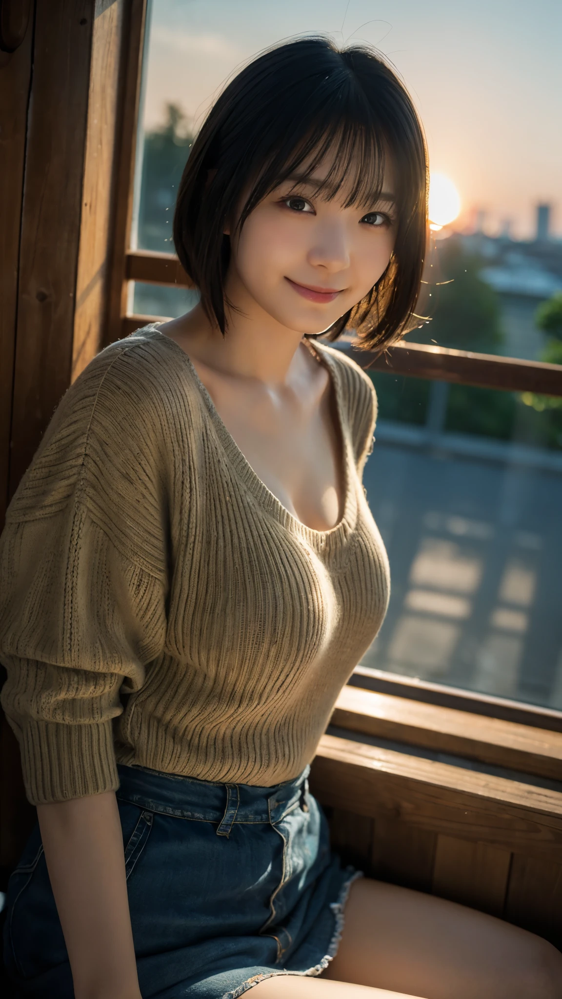(highest quality,masterpiece:1.3,Ultra-high resolution),(Super detailed,Caustics,8k), (Photorealistic:1.4, RAW shooting),dusk,Sunset sky,Inside the Japan house,Japanese,20-year-old,smile,Black short hair,(Summer knitwear),Big Breasts,Bust up shot,Natural light,(Low position),(Low - Angle)