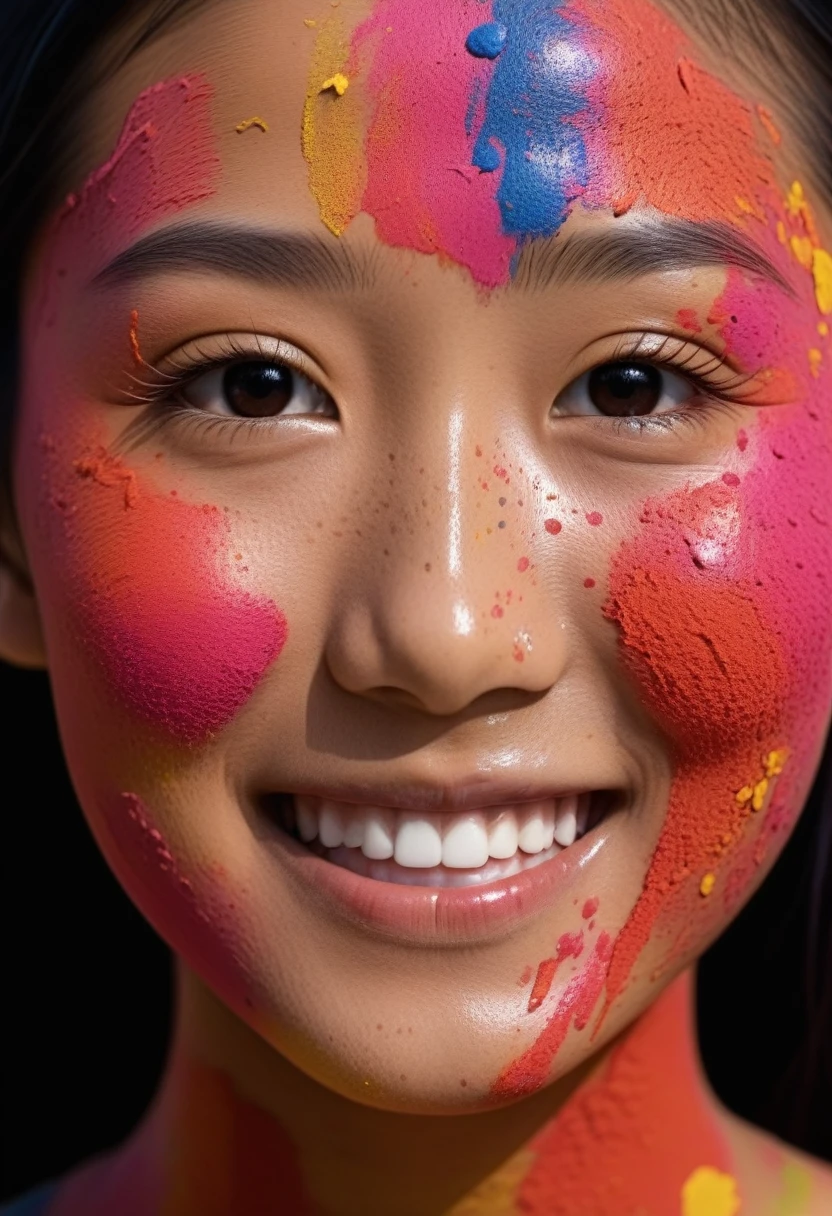 close-up portrait of beautiful young japanese girl, bangs, with colorful paint on her face, detailed skin, textures, smiling, happy, award winning picture, 8k, photography
