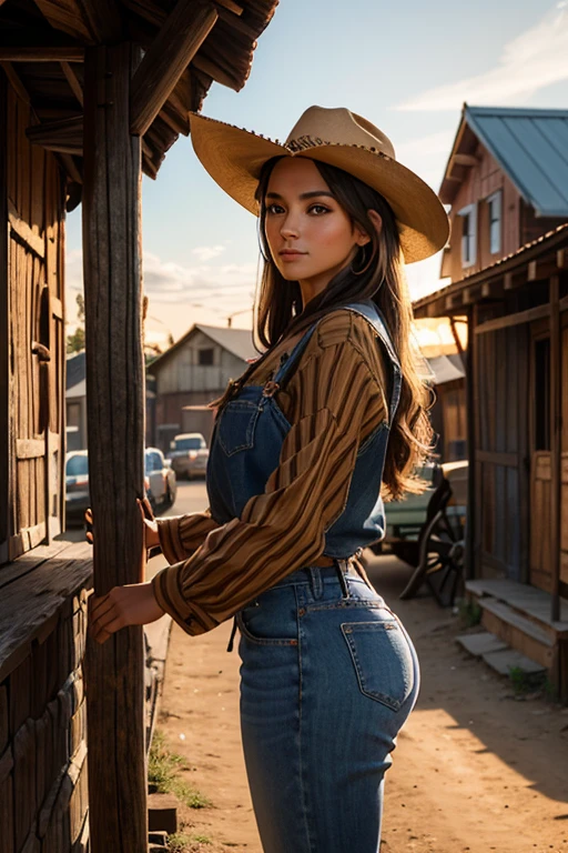 Uma linda mulher em estilo country, (usando camisa social xadrez red and black justa), destacando-se em uma cidade faroeste. Sua pele bronzeada brilha sob o sol poente, olhos verdes radiantes, e cabelos castanhos ondulados caem suavemente sobre seus ombros. Ela usa um chapéu de cowboy marrom, uma camisa xadrez vermelha ajustada, jeans desbotados e botas de couro intricadamente bordadas. Ela está em uma rua de terra cercada por prédios de madeira típicos do oeste. O salão local tem portas de vaivém e uma varanda onde cowboys conversam. A barbearia exibe uma placa giratória, e a ferraria ao lado está ativa com o som de marteladas. Cavalos amarrados em postes de madeira e uma carroça de feno passando completam a cena.. A luz dourada do pôr do sol alonga as sombras e banha a cidade com um brilho quente, capturando a essência vibrante do Velho Oeste.