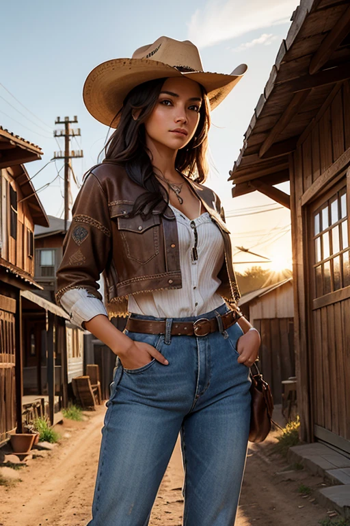 Uma linda mulher em estilo country, (usando camisa social xadrez red and black justa), destacando-se em uma cidade faroeste. Sua pele bronzeada brilha sob o sol poente, olhos verdes radiantes, e cabelos castanhos ondulados caem suavemente sobre seus ombros. She wears a brown cowboy hat, uma camisa xadrez vermelha ajustada, jeans desbotados e botas de couro intricadamente bordadas. She is on a dirt street surrounded by wooden buildings typical of the western. The local saloon has swinging doors and a porch where cowboys chat. The barbershop displays a rotating sign, and the blacksmith shop next door is active with the sound of hammering. Horses tied to wooden posts and a hay cart passing by complete the scene.. The golden light of the sunset lengthens the shadows and bathes the city in a warm glow, capturing the vibrant essence of the old west.