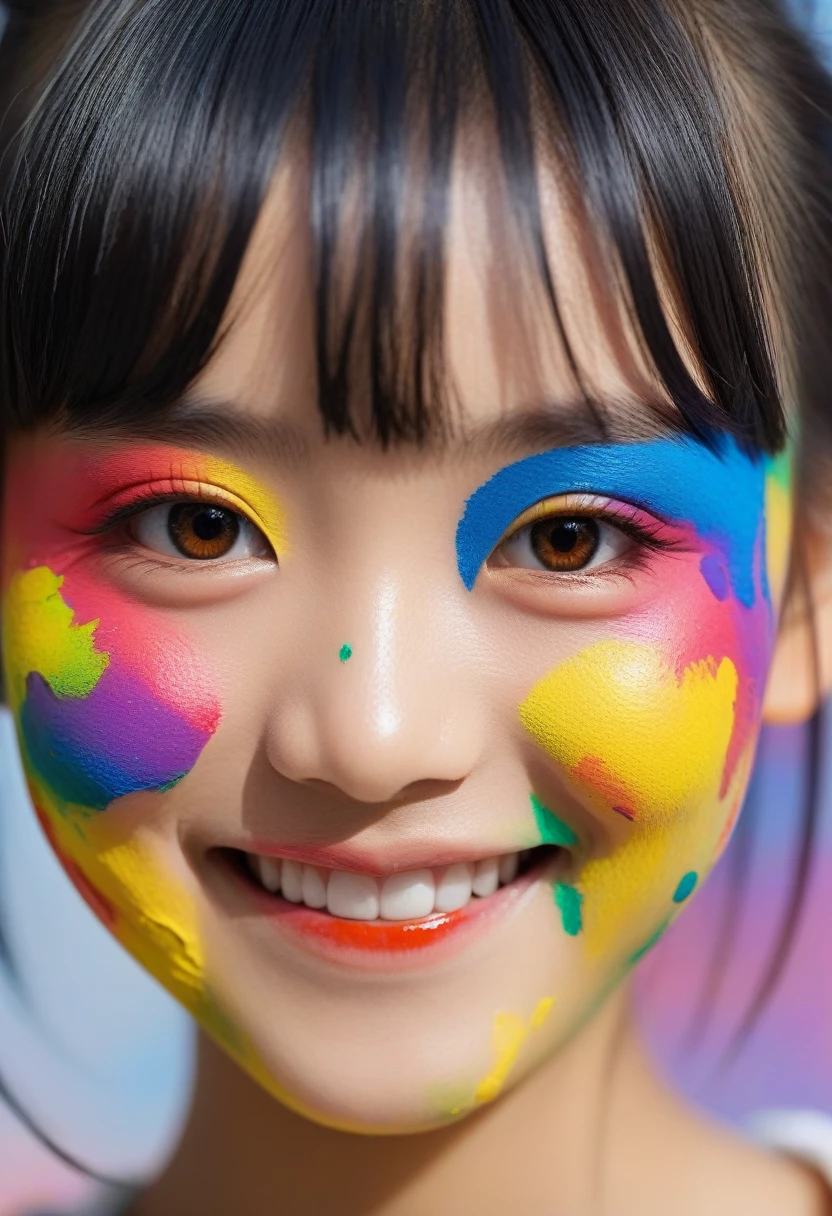 close-up portrait of beautiful young japanese girl, bangs, with colorful paint on her face, detailed skin, textures, smiling, happy, award winning picture, 8k, photography