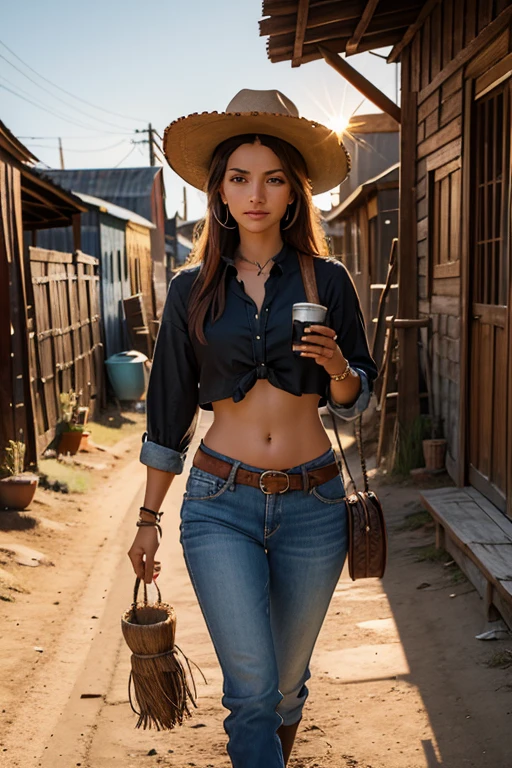 Uma linda mulher em estilo country, (usando camisa social xadrez red and black bem colada, justa), (barriga), destacando-se em uma cidade faroeste. Sua pele bronzeada brilha sob o sol poente, olhos verdes radiantes, e cabelos castanhos ondulados caem suavemente sobre seus ombros. She wears a brown cowboy hat, uma camisa xadrez vermelha ajustada, jeans desbotados e botas de couro intricadamente bordadas.
She is on a dirt street surrounded by wooden buildings typical of the western. The local saloon has swinging doors and a porch where cowboys chat. The barbershop displays a rotating sign, and the blacksmith shop next door is active with the sound of hammering. Horses tied to wooden posts and a hay cart passing by complete the scene.. The golden light of the sunset lengthens the shadows and bathes the city in a warm glow, capturing the vibrant essence of the old west.