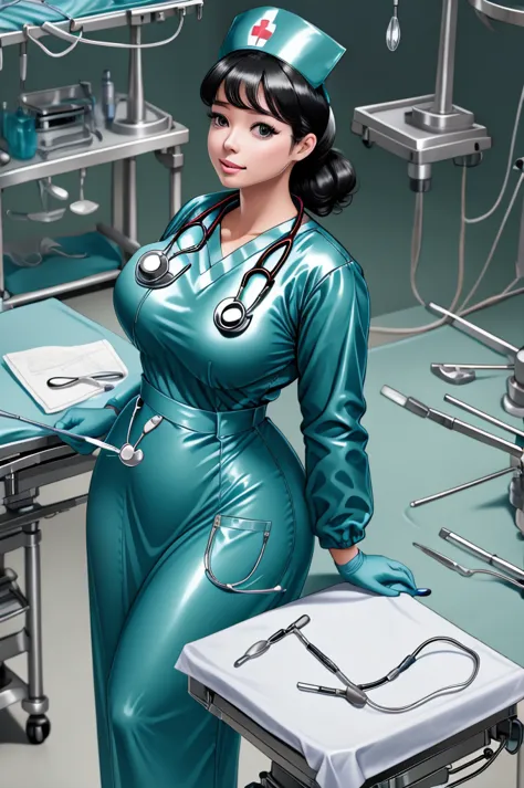 nurse uniform,hospital, latex nurse suit,nurses,busty,elbow gloves,labcoat,black hair woman,blue eyes , gigantic ,medical instru...