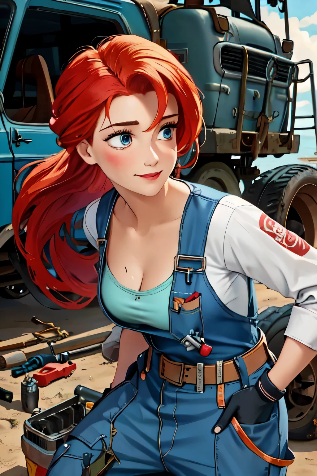 (masterpiece:1.2), (best quality), (ultra detailed), (8k, 4k, intricate),(highly detailed:1.2),(detailed face:1.2), (detailed background),(portrait),detailed background of mechanical workshop, rusty broken vehicle in background (dynamic pose:1.2),ariel  1girl, solo, long hair, looking away, eyes gazed downwards, side profile, action pose, candid pose, smile, red hair inspired from ariel of the little mermaid, long sleeves, dress, hair tied up, blue eyes, mechanic, construction worker, contractor 

Ariel protrayed as a mechanic working in a mechanics shop, she is turned away from viewer and is focused on repairing a old rusy vehicle, slightly bent over, oil smeared on her face and clothes, dressed in large baggy coveralls, long sleeves, work gloves, wrenches and tools in pockets, has a bandana on her head, durable work boots, safety goggles, tattoos with ocean motifs on body, curvy, beautiful 