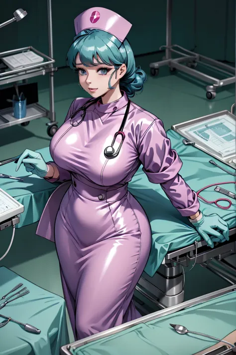 nurse uniform,hospital, latex nurse suit,nurses,busty,elbow gloves,labcoat,black hair woman,blue eyes , gigantic ,medical instru...