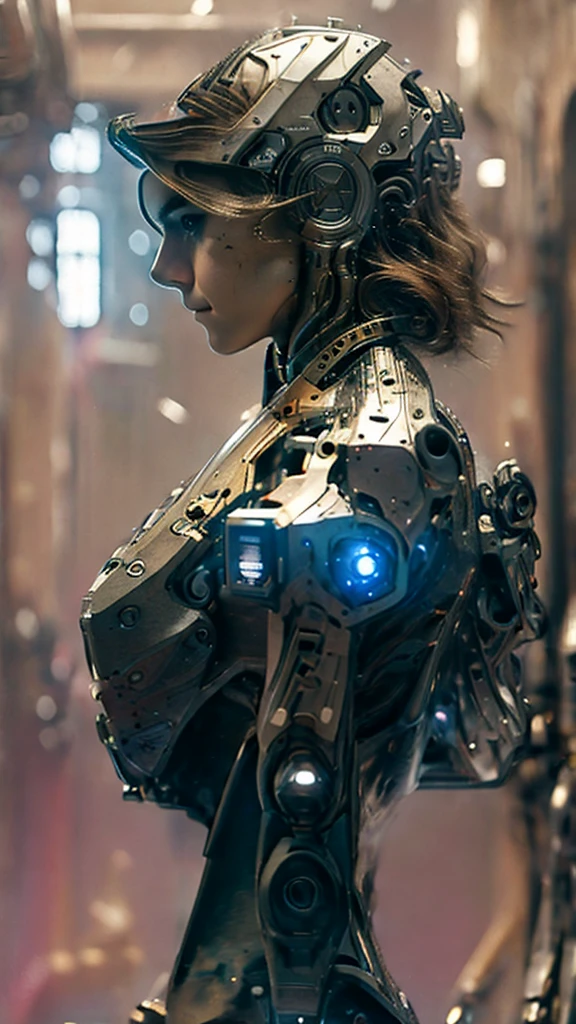 Emma Watson, cyborg, androidperson, mark brooks, david mann, robot brain, made of steel, hyperrealism, post-apocalyptic, renaissance painting