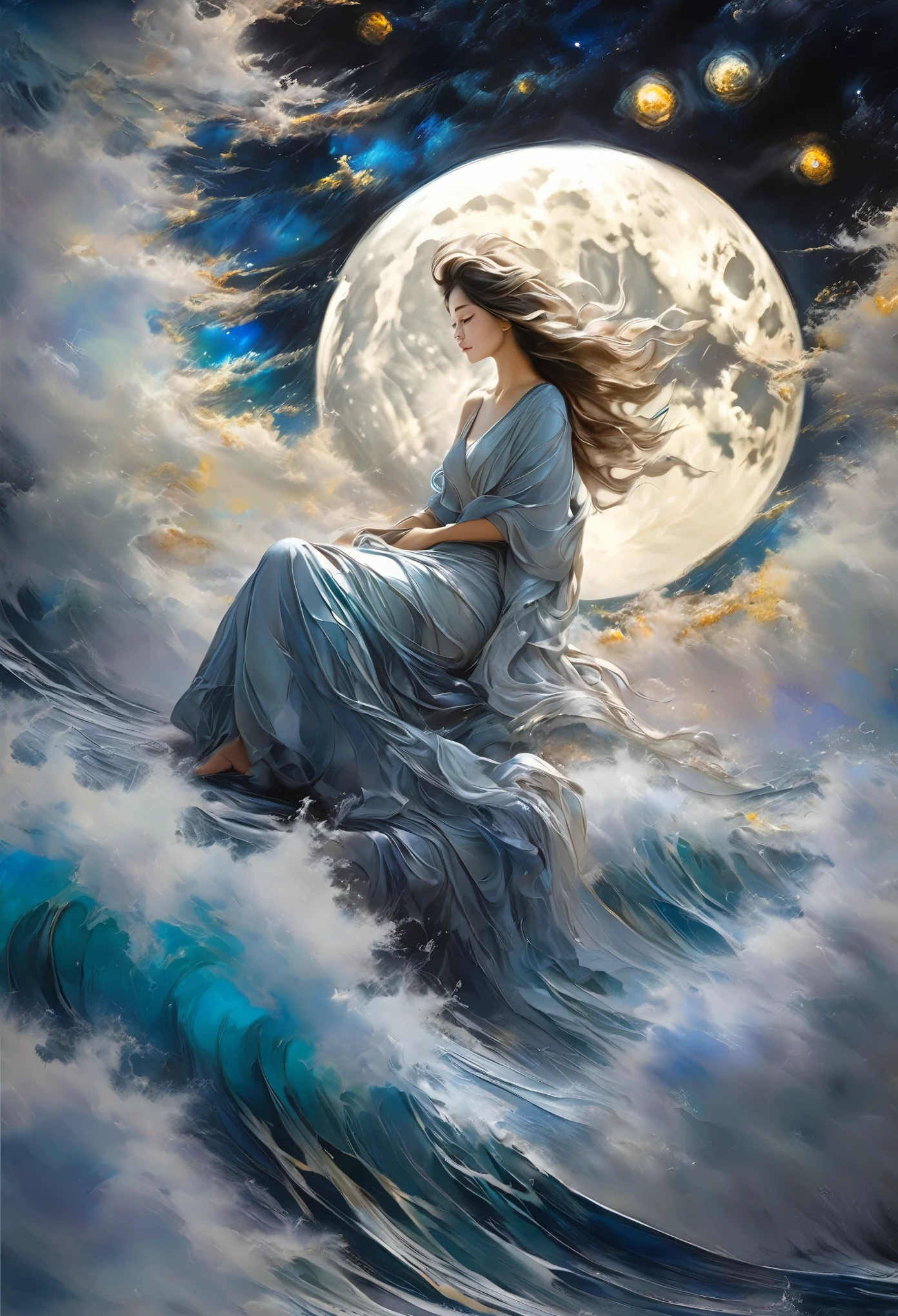 best quality, super fine, 16k, masterpiece, RAW photo, photorealistic, A three-dimensional depiction of undulating oil paintings, fusion of watercolors and oil paintings, combination of monochrome and color, the ocean and the galaxy universe in the big full moon during the day, beautiful fantasy woman seated in the air, outstanding image effects, wonderful work of art