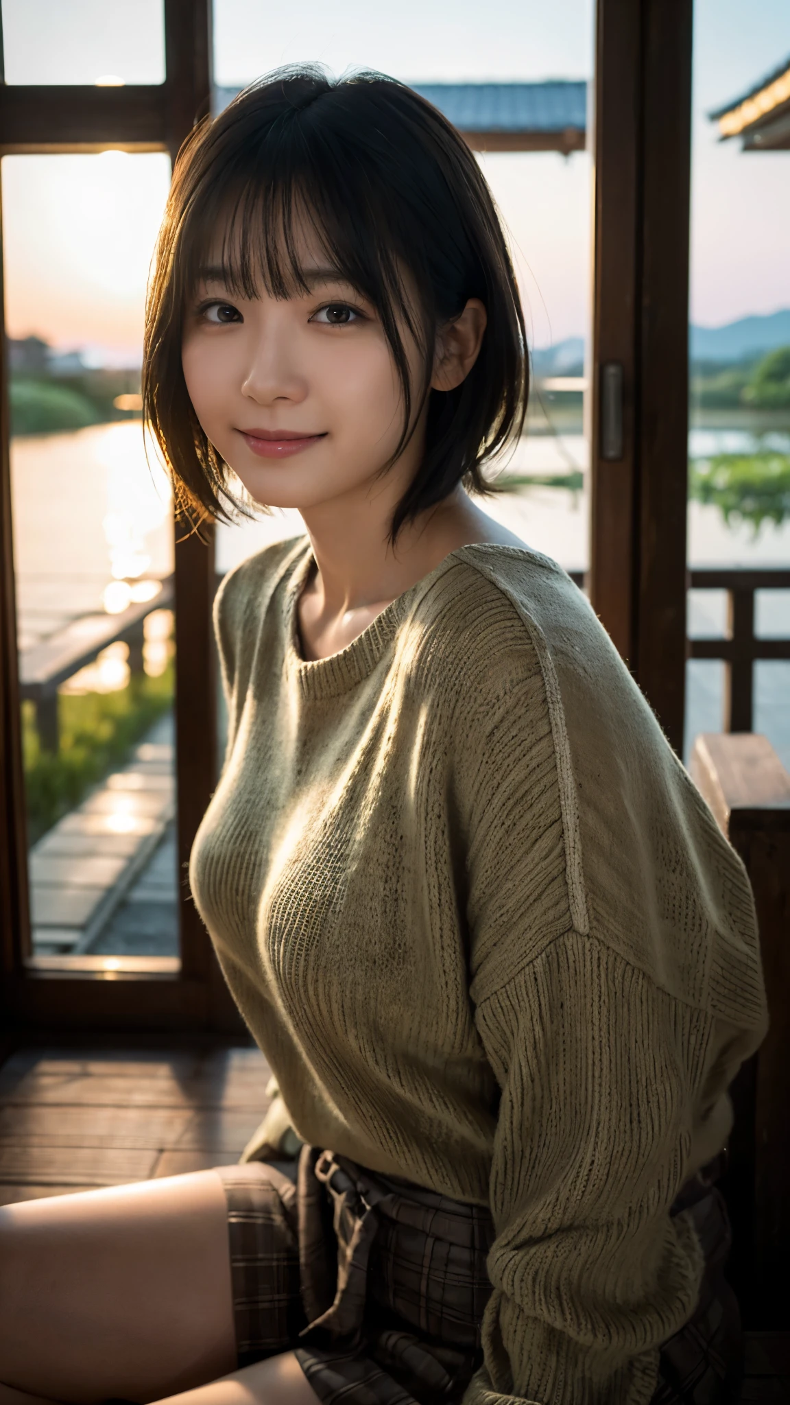 (highest quality,masterpiece:1.3,Ultra-high resolution),(Super detailed,Caustics,8k), (Photorealistic:1.4, RAW shooting),dusk,Sunset sky,Inside the Japan house,Japanese,20-year-old,smile,Black short hair,(Summer knitwear),Big Breasts,(Bust up shot),Natural light,(Low position),(Low - Angle)