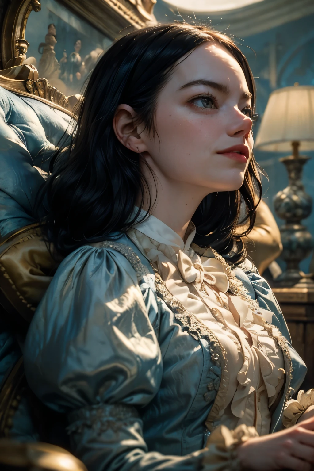 masterpiece, best quality, movie still, 1girl, emst, emma stone, black hair, victorian blue dress, floating in the sky, (close-up:1.1), bright, happy, fun, soft lighting, (shapes, lines, abstract:1.1)