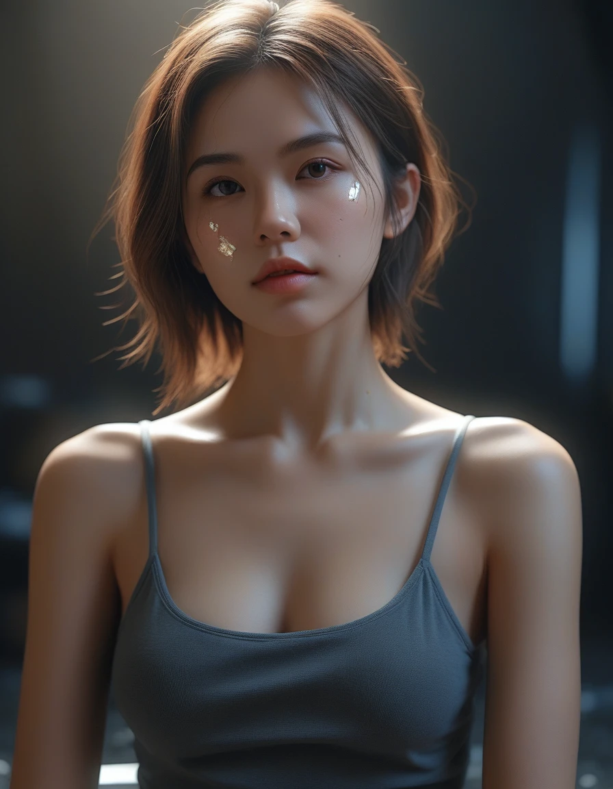 A beautiful girl, 1girl, solo, medium breasts, shattered halo, upper body, looking at viewer, full body, sitting, dark halo, environmental elements, masterpiece, great, best quality, 4k, 8k, highres, masterpiece:1.2, ultra-detailed, realistic, photorealistic, photo-realistic:1.37, HDR, UHD, studio lighting, ultra-fine painting, sharp focus, physically-based rendering, extreme detail description, professional, vivid colors, bokeh, portraits