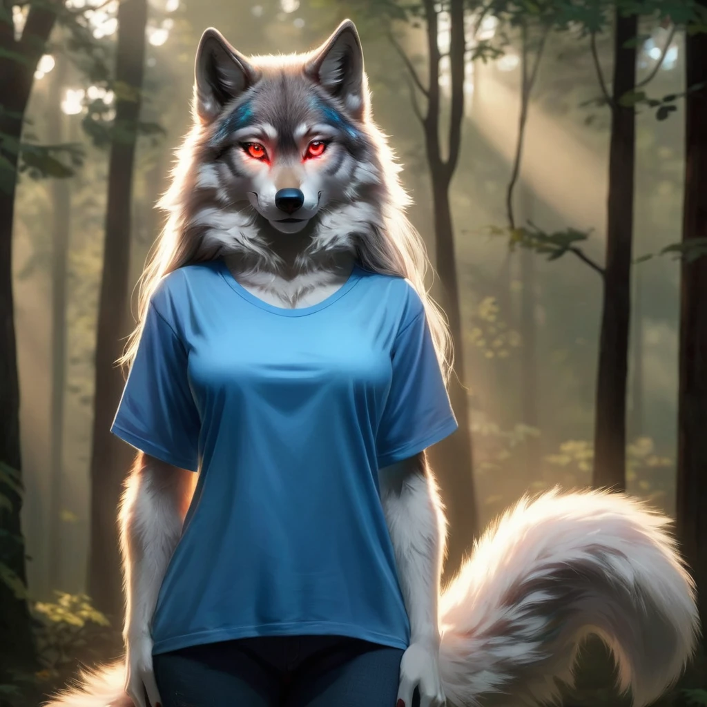 Posing, Female, 30 years old, cute, eyeliner, long hair, biting lip smile, blue shirt, bedroom eyes, anthro, wolf ears, (white fur:1.5), baggy shirt, wolf, forest background, 8k, hi res, (best quality, masterpiece), red glowing eyes, (wolf tail:1.5), (detailed fur:2.0)