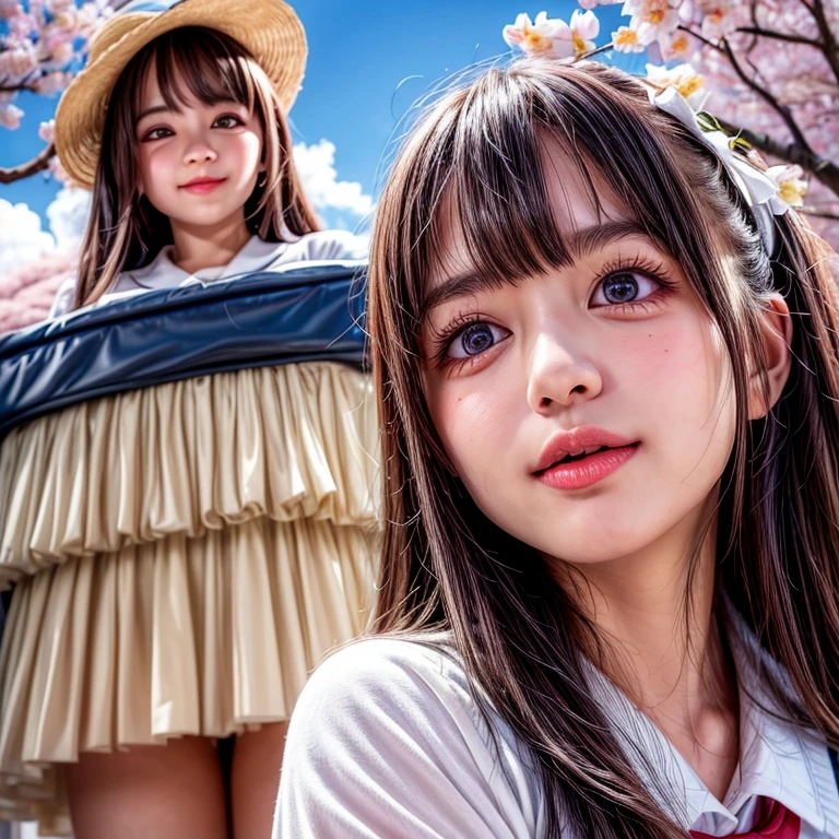 Best_Quality, (masterpiece:1.2) of professional Analog Hi-Res photo, (realistic and photorealistic with touch of rawness:1.37), (( group photo:1.5) of (schoolgirls looking down at the camera and Surrounding))), (Filled with many Faces), (NOGIZAKA face variations:1.4), Wearing schooluniform, { pose for a photo | Kissing }, (((close:1.4, Face closeup from below:1.25))), (((Sky background) with CherryBlossoms)) . BREAK Extremely Detailed KAWAII face variations, captivating gaze, elaborate detailed Eyes with (sparkling highlights:1.2), long eyelashes、Glossy RED Lips with beautiful details, Coquettish tongue, Rosy cheeks, Glistening ivory skin . (Dynamic joyful expressions | :D), Childish .