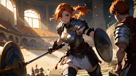 masterpiece, high quality, one man, (long elf ears), (orange hair), strong looking, wearing gladiator armor holding spear and sh...