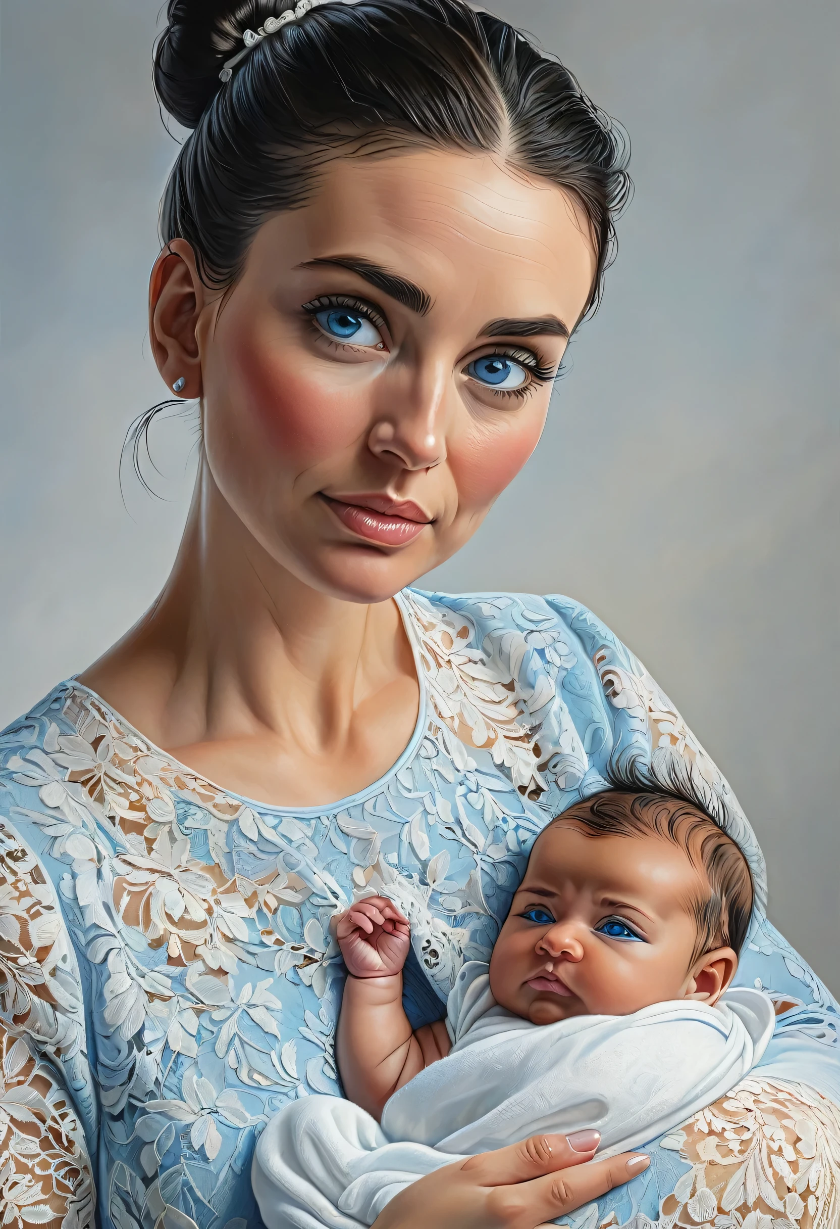 Arafed, high details, best quality, 16k, [ultra detailed], masterpiece, best quality, (extremely detailed), a ((facial portrait of woman:1.5)), holding a baby, black hair, in a bun, blue eyes, there is tear rolling from her eyes, she is looking yearningly with great love at her newborn baby, soft light, high details, best quality, highres, lace drawing,